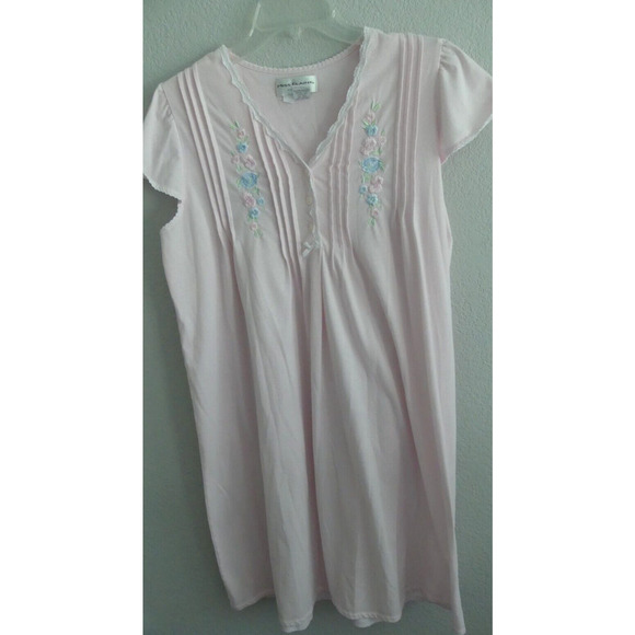 Miss Elaine Short Cotton Nightgown Pink Floral Embroidered Pleated Soft Size L - Picture 1 of 8